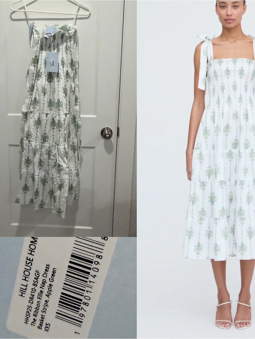Hill House White and Apple Green Tie-Shoulder Midi Dress